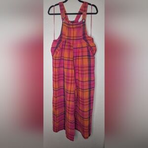 Women's Bibi Fuschia Plaid Wide Leg 3-Button Cotton/Linen Overalls Pockets Sz S